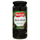A jar of Bodrum - Whole Black Olives - 680g on a white background.